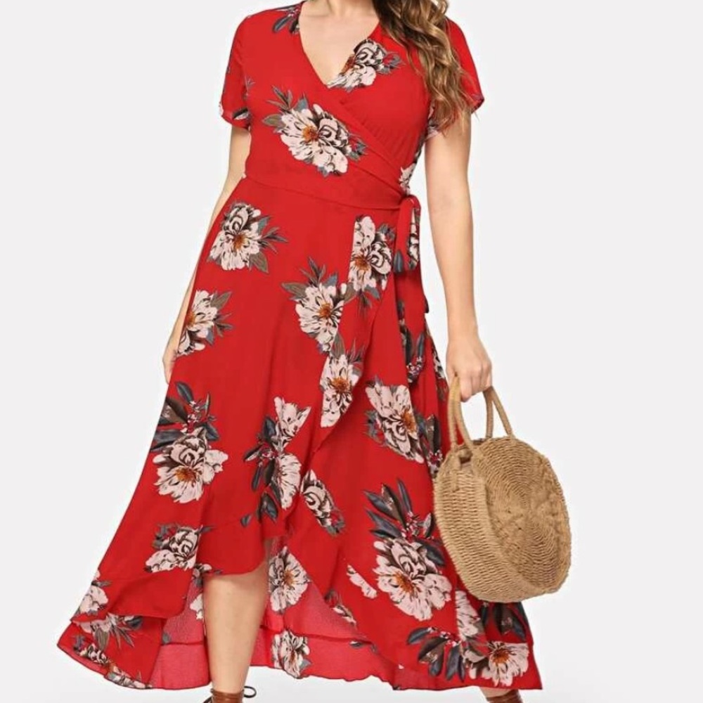 Surplice Neck Floral Overlap Ruffle Hem Dress